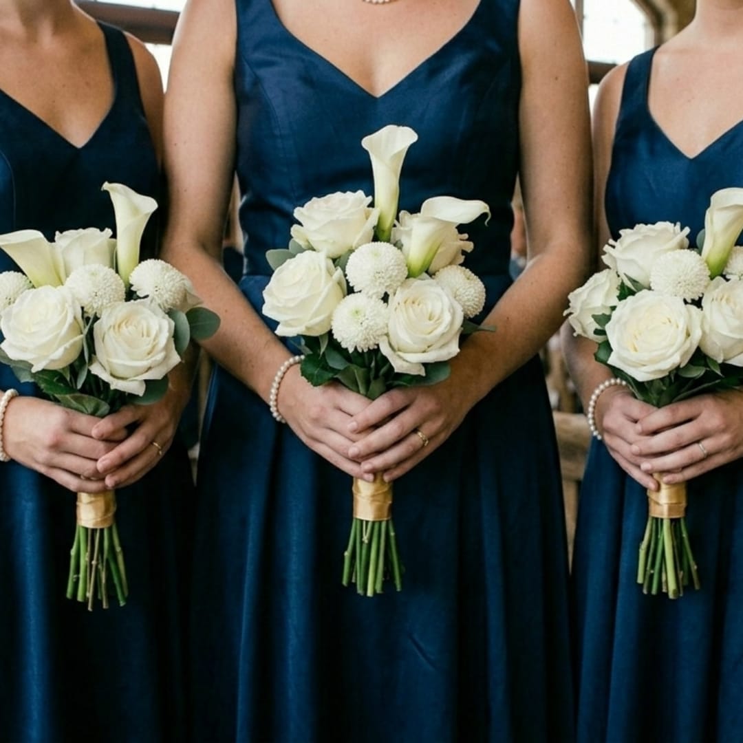 Bridesmaids holding white wedding bouquets with calla lilies and roses