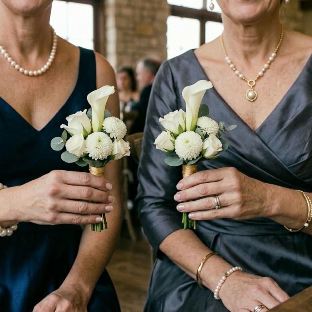 Two women hold small white wedding bouquets with calla lilies and round blooms.