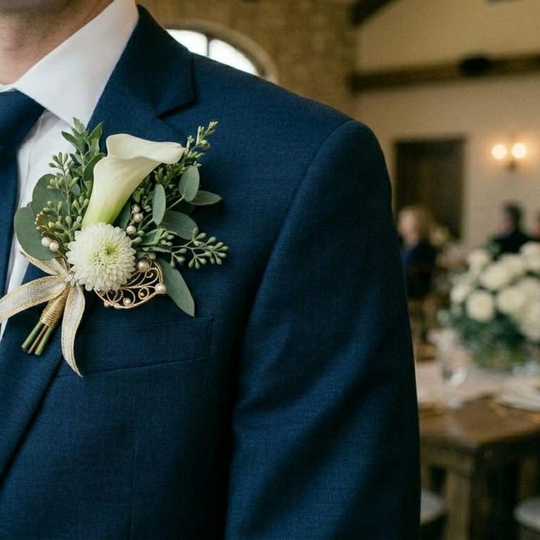 White boutonniere on a navy suit jacket