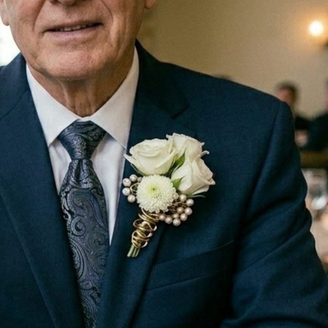 White rose boutonniere pinned to a dark suit jacket