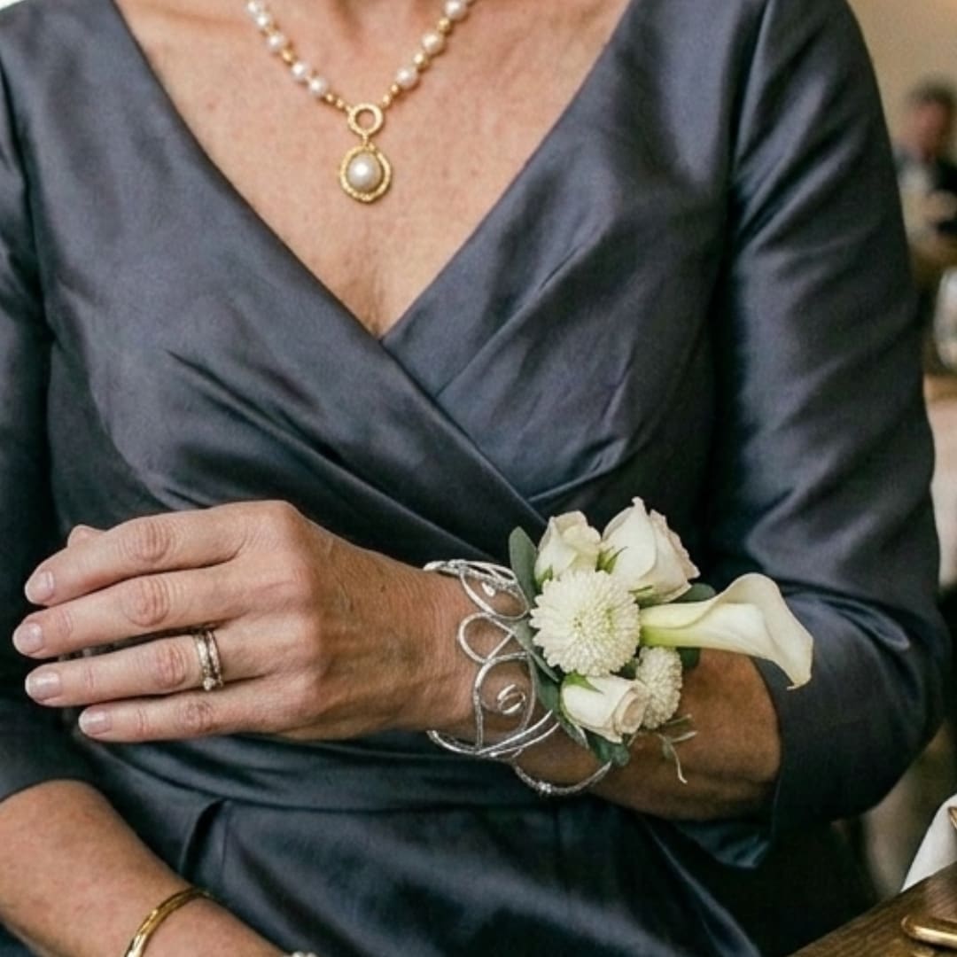 White wrist corsage with calla lilies and small blooms