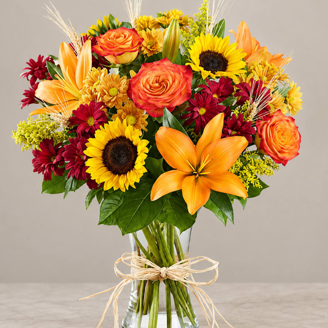 Bouquet of orange roses, sunflowers, lilies, and burgundy daisies in a glass vase