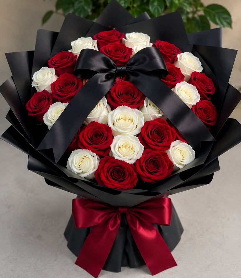 Elegant 36 Rose Bouquet - A stunning rose bouquet beautifully designed with a luxurious combination of white and red roses, wrapped in elegant black Korean paper that enhances the beauty and sophistication of each flower. Finished with a black ribbon over the roses and a delicate red ribbon at the bottom, creating an exclusive, modern, and romantic design. Perfect for expressing love, celebrating anniversaries, birthdays, or making someone feel truly special.