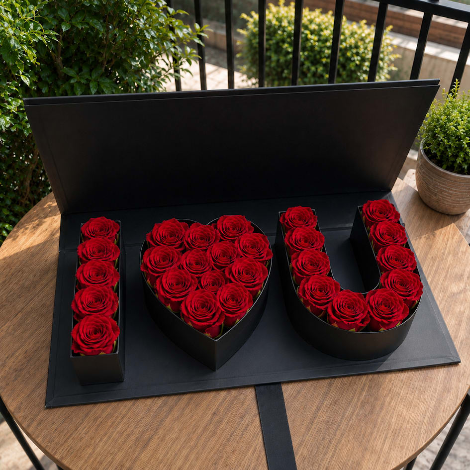 Red roses arranged in black boxes spelling "I LOVE U"