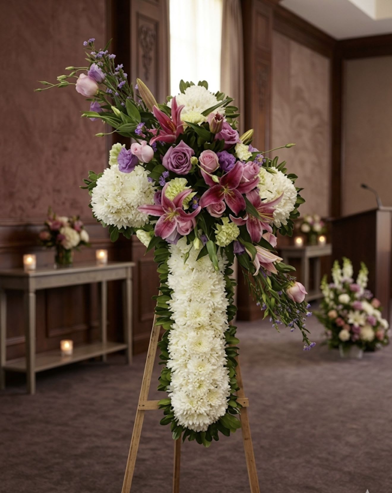 CRUZ FUNERAL - A standing floral cross crafted for sympathy and memorial services, this funeral arrangement presents a dignified, reverent tribute that will comfort the person you're honoring. The vertical cross silhouette-built on a sturdy wooden easel-uses a dense column of white chrysanthemums as its heart, while clusters of pink lilies, roses, and lavender-hued lisianthus draw the eye to the top and center for a gentle, hopeful accent.  Soft greenery frames the cross to sharpen the silhouette and add natural texture, balancing the pure whites with pastel pinks and purples for a respectful, uplifting palette. The design is formal and restrained, sized to stand prominently at a service or graveside and to read clearly from a distance, giving the recipient a serene focal point during remembrance.  Arrives ready to display on the included wooden easel for immediate placement at the service; care is minimal-keep in a cool location away from direct sun and replenish water if supplied mechanics require it. This arrangement offers a meaningful, classic way to say you're thinking of someone and to honor their memory with grace.