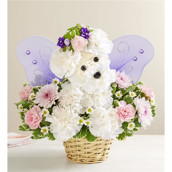 Flower basket arranged as a white teddy bear with purple wings