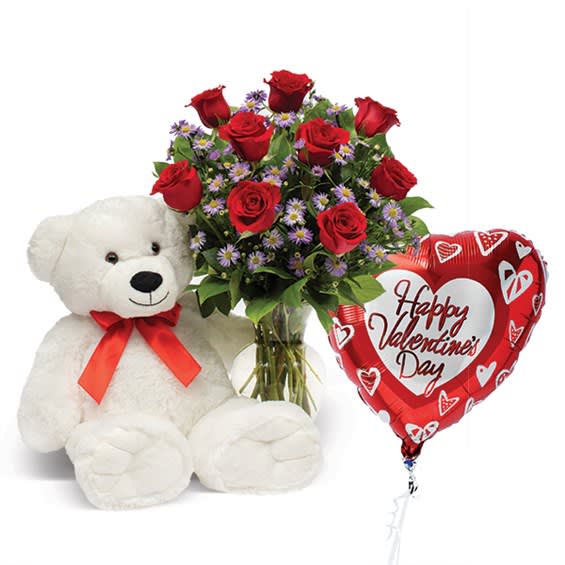Red rose bouquet with a teddy bear and heart-shaped Valentine balloon