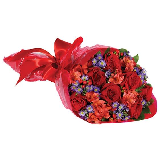 Bouquet of red roses with purple and orange flowers wrapped in red cellophane