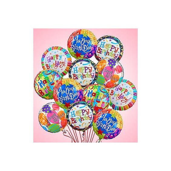 Cluster of colorful Happy Birthday balloons on a pink background