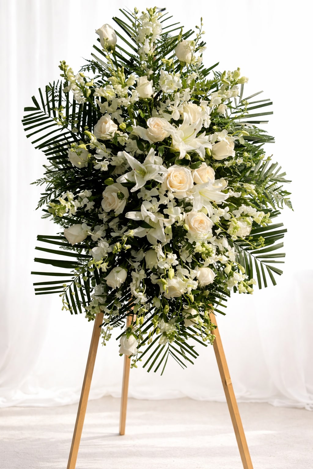 Sacred White Tribute - A tall, serene standing spray of white roses, lilies, and delicate orchid clusters creates an immediate sense of calm-perfect as a sympathy arrangement or memorial tribute. The all-white palette and formal vertical silhouette read respectfully in a funeral or remembrance setting, offering the person you're honoring a quiet, dignified presence that speaks of peace and reverence.  This large arrangement is layered with full white blooms-classic roses, trumpet lilies, and small white orchids-set against broad palm fronds and deep green foliage for striking contrast. Finished on a sturdy wooden easel, the piece has a strong, upright shape that carries well in a chapel or graveside display; the mix of textures from velvety roses, soft orchid clusters, and structured palms gives visual depth and a gently scented profile.  Choose this tribute when you want to express sympathy, offer comfort to grieving family, or mark a memorial service with grace. Because it arrives pre-mounted, it's ready to display upon delivery; minimal care is needed beyond keeping it in a cool, sheltered location away from direct sun until the service.