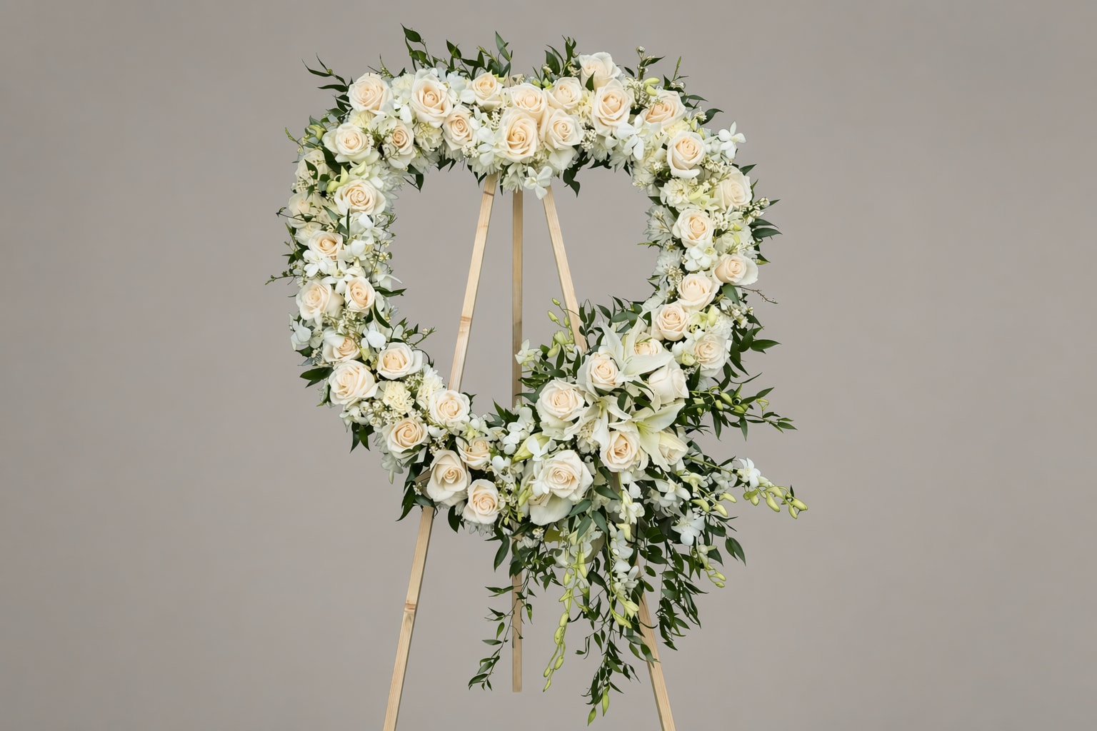 Pure Love Tribute - A heart-shaped wreath of tightly clustered white roses and lilies creates an immediate feeling of quiet reverence-perfect as a sympathy arrangement or memorial tribute when words fall short. The elevated presentation on a wooden easel stand gives this floral tribute a formal, ceremonial presence that honors the person you're remembering or marks a solemn moment at a service.  Creamy white roses and fragrant white lilies are arranged with small white filler blooms and dark green foliage for depth, with a few trailing stems to add gentle movement to the composition. The soft white-and-green palette is accented by subtle peach undertones in the supporting blooms, lending warmth without breaking the piece's restrained elegance. Sized to command attention at the front of a service area, the heart-shaped form reads clearly from a distance and layers texture and scent in a way that feels thoughtfully composed.  For memorials, funerals, or remembrance ceremonies this tribute communicates love and respect-she'll feel honored and remembered. The wooden easel stand arrives ready for display; light misting will help the flowers stay fresh through the service. If you need delivery coordination with a funeral home or service location, include those details when ordering to ensure timely placement.