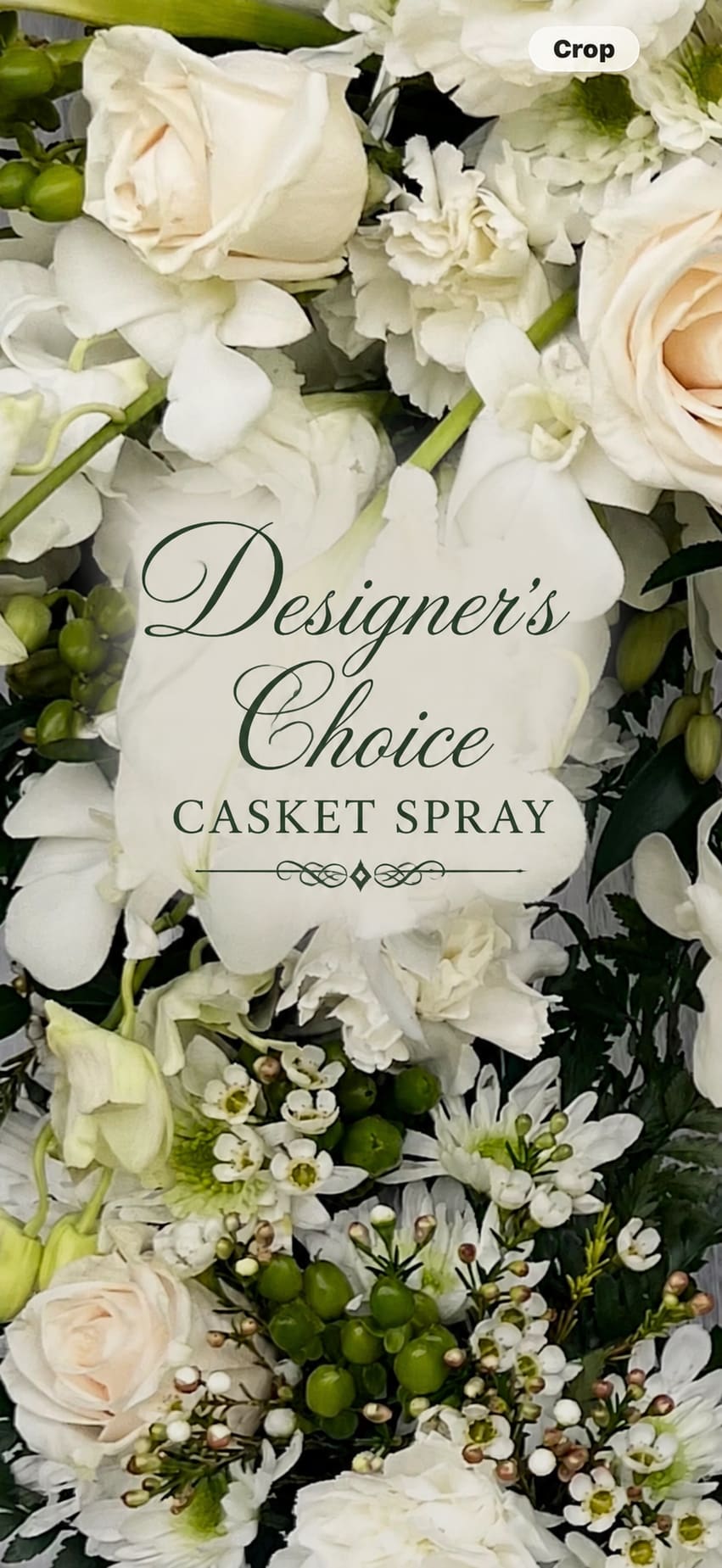Ivory Designers Choice - A soft, elongated ivory casket spray designed to convey calm and reverence at a funeral or memorial service. The arrangement reads as a full, layered tribute in whites and pale blush with fresh green accents, creating a serene, traditional look that helps the person you're honoring feel remembered with dignity.  Dense, formal styling features large focal blooms surrounded by smaller dainty blossoms, subtle blush highlights, and clusters of green berry-like accents set against dark foliage for gentle contrast. As a designer's choice piece, the spray will be composed of ivory flowers we have on hand within your selected budget to create a cohesive, elegant tribute sized and shaped for a casket top.