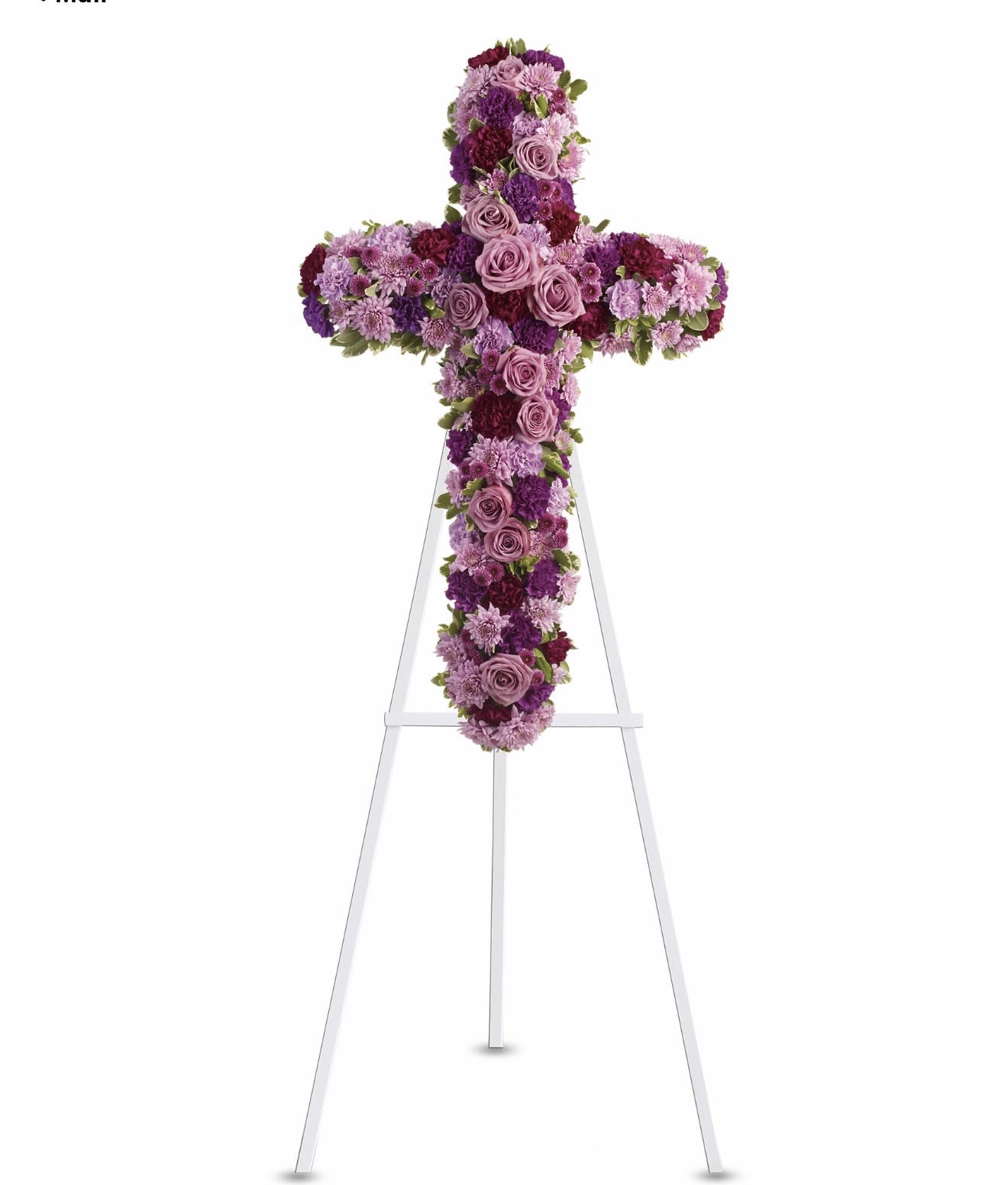 Deepest Faith - A gently reverent cross crafted in layered pinks, purples, and white-this sympathy flower arrangement presents roses, carnations, and chrysanthemums arranged on a white easel for a formal memorial display. The cross shape and soft, solemn palette create an immediate feeling of comfort and faith, making it an appropriate choice for a funeral service or to honor a loved one at a graveside ceremony.  Dense, textured layers of lavender and purple blooms form the core while pink roses and white chrysanthemums highlight edges and add quiet contrast; clustered filler flowers give a full, finished surface that reads beautifully from a distance. Mounted on a sturdy white easel, the arrangement is designed for visibility and dignity during services. This is a thoughtful way to convey sympathy and support-order with any sizing or delivery notes to ensure it arrives ready for the service.