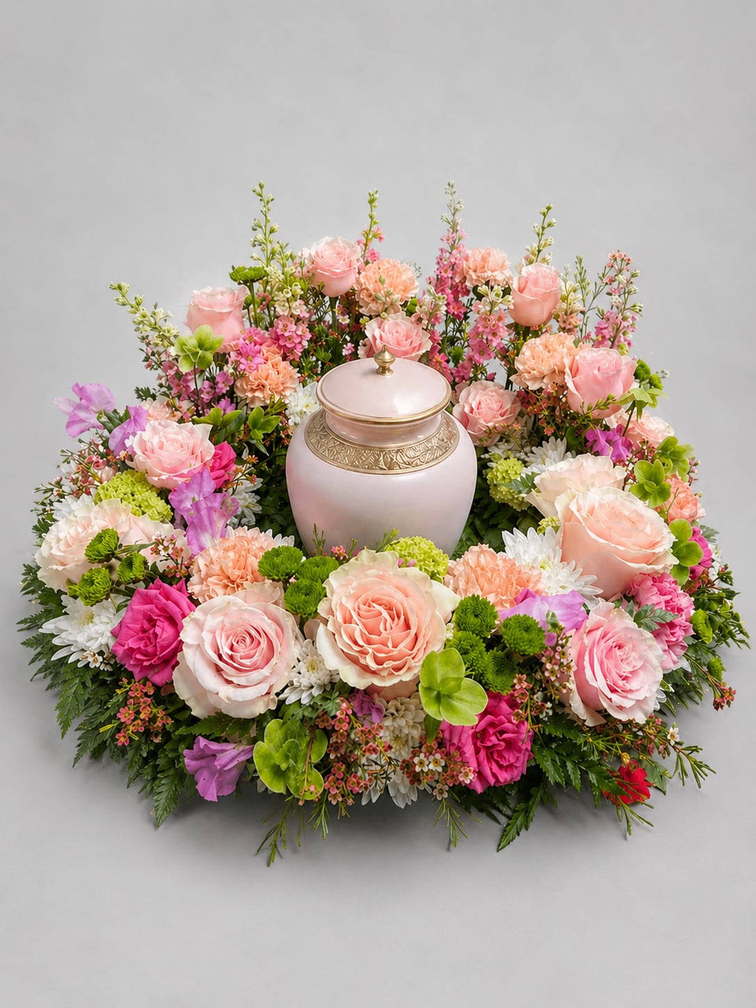Sweet Remembrance Urn Tribute - A pale pink ceramic urn framed by a ring of blush roses and peach carnations creates a serene centerpiece for a sympathy arrangement or remembrance tribute. This urn tribute is designed as a circular floral wreath for memorial services or a quiet home display, offering a soft, romantic palette that says comforting and reverent without being overwrought.  The arrangement pairs blush roses, peach carnations, white chrysanthemums and small pink filler blooms densely layered into a wreath shape around the urn, with bright green foliage accents for freshness and contrast. The urn itself features a gold-toned lid and decorative band that lend a subtle, elegant touch; the overall composition reads formal and peaceful, with gentle textures from the roses and chrysanthemums balanced by the carnation's ruffled petals.  For a family honoring a loved one, this tribute provides a dignified focal point that conveys tenderness and remembrance. Sized to sit beside a memorial or on a display table, it arrives ready to display; light care-keeping blooms away from direct heat-will help the flowers maintain their soft colors through services and viewings.