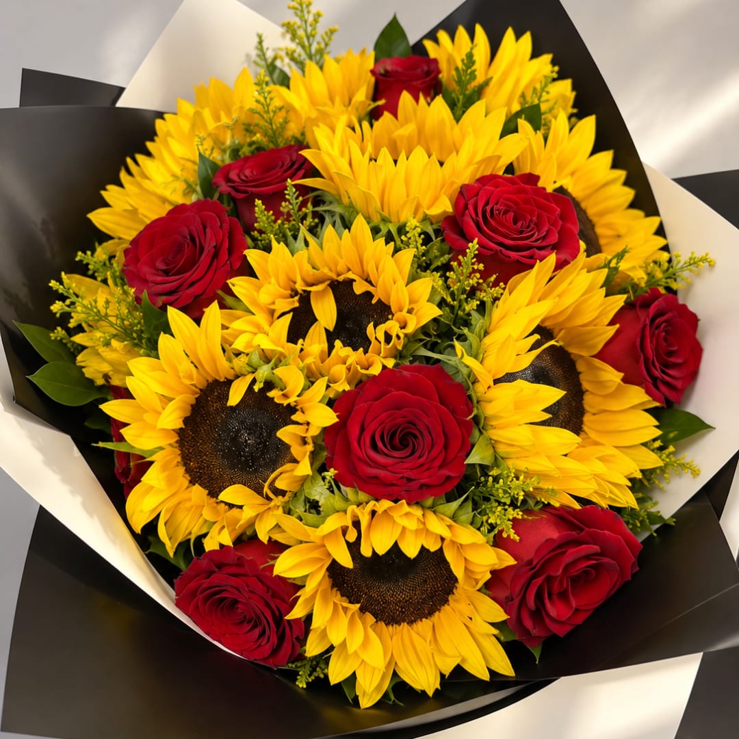 Bouquet of red roses and yellow sunflowers wrapped in black paper