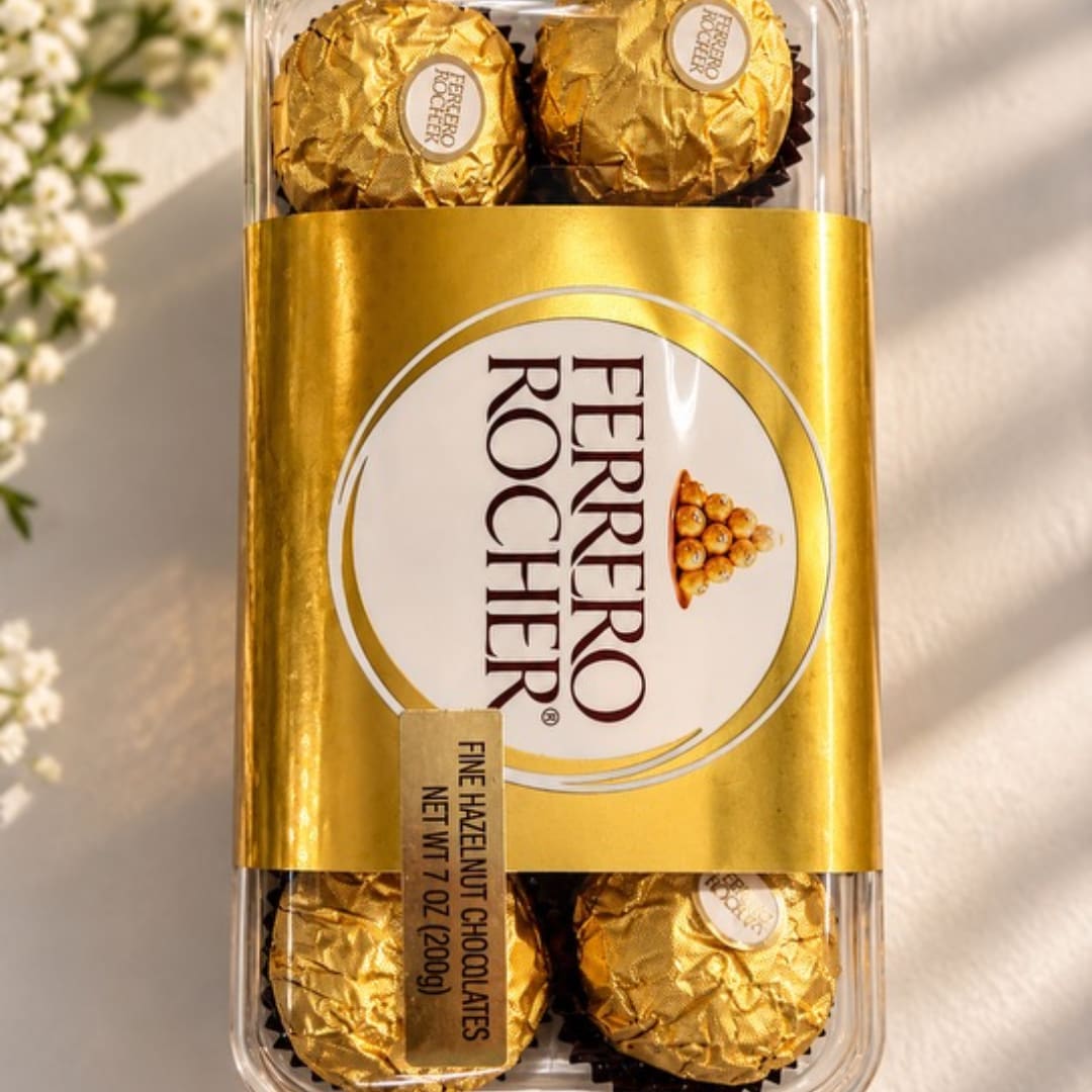 Box of Ferrero Rocher chocolates in gold wrappers