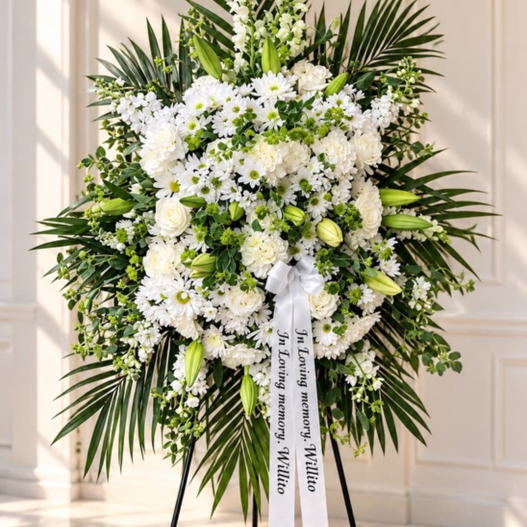 White funeral standing spray with lilies, roses, and daisies on an easel
