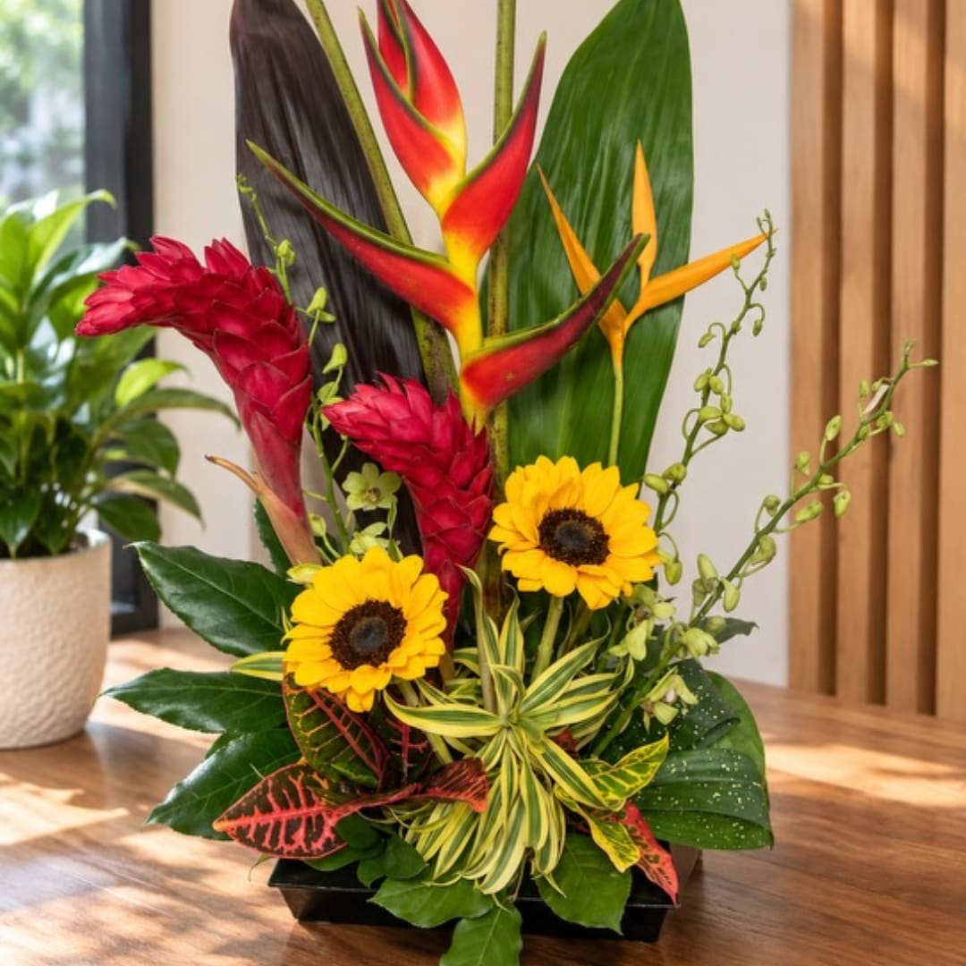 Tropical arrangement with red heliconia and yellow daisies in a low black container