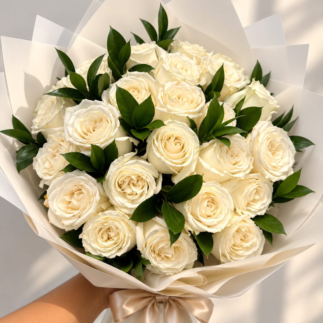 Bouquet of cream roses wrapped in white paper with a satin ribbon