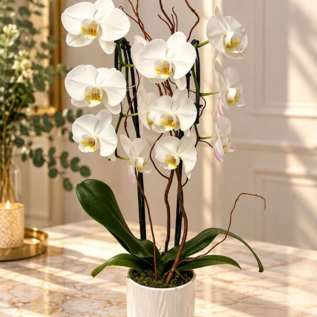 White orchid plant in a white pot on a table