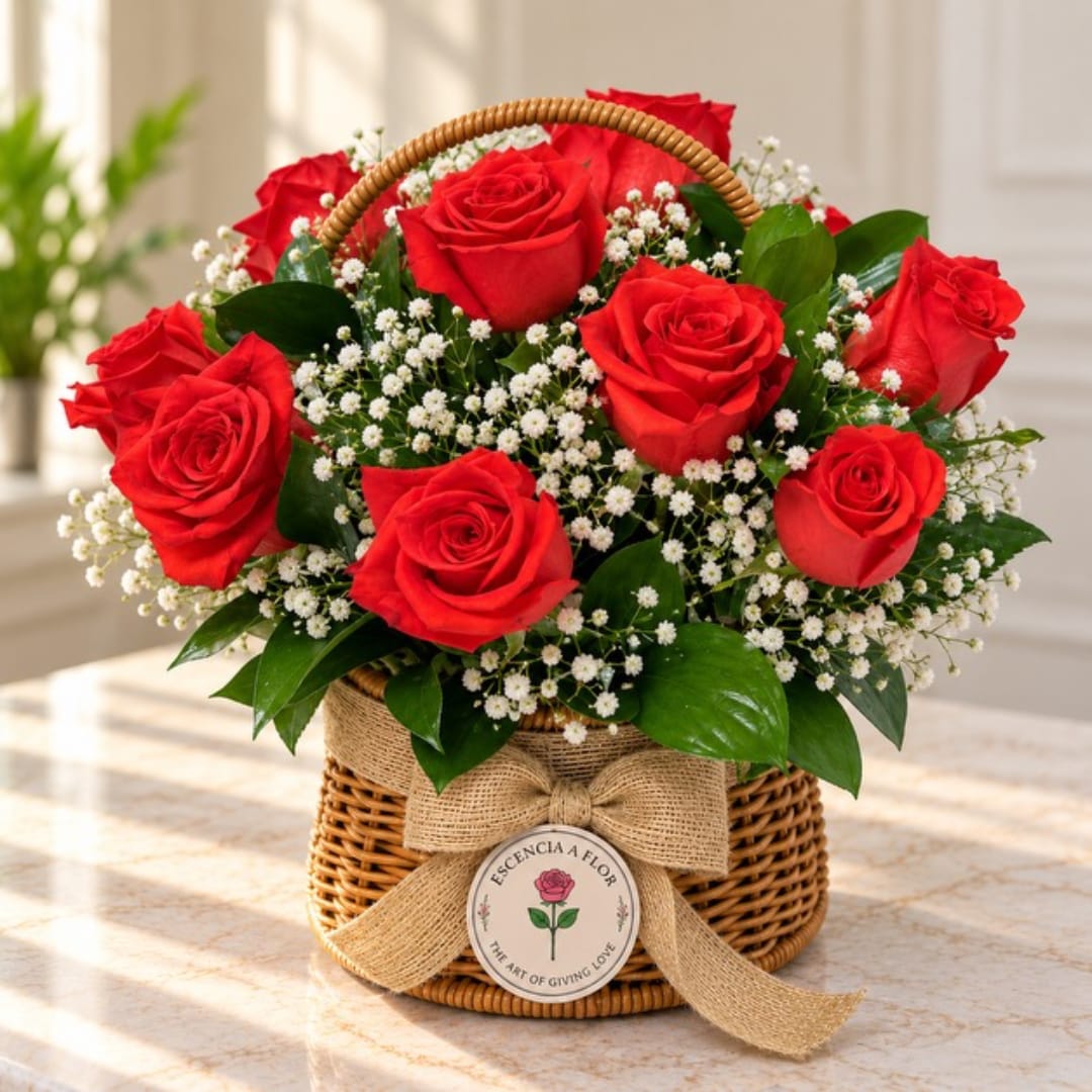 Basket of red roses with baby's breath and a burlap bow