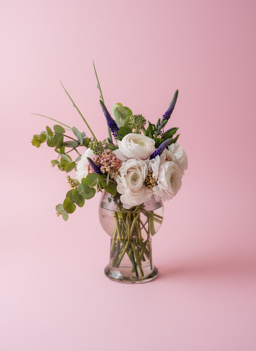 Vernacular - An elegant garden-inspired arrangement featuring premium ranunculus, veronica, eucalyptus, and seasonal florals artfully designed with soft movement, texture, and natural charm.