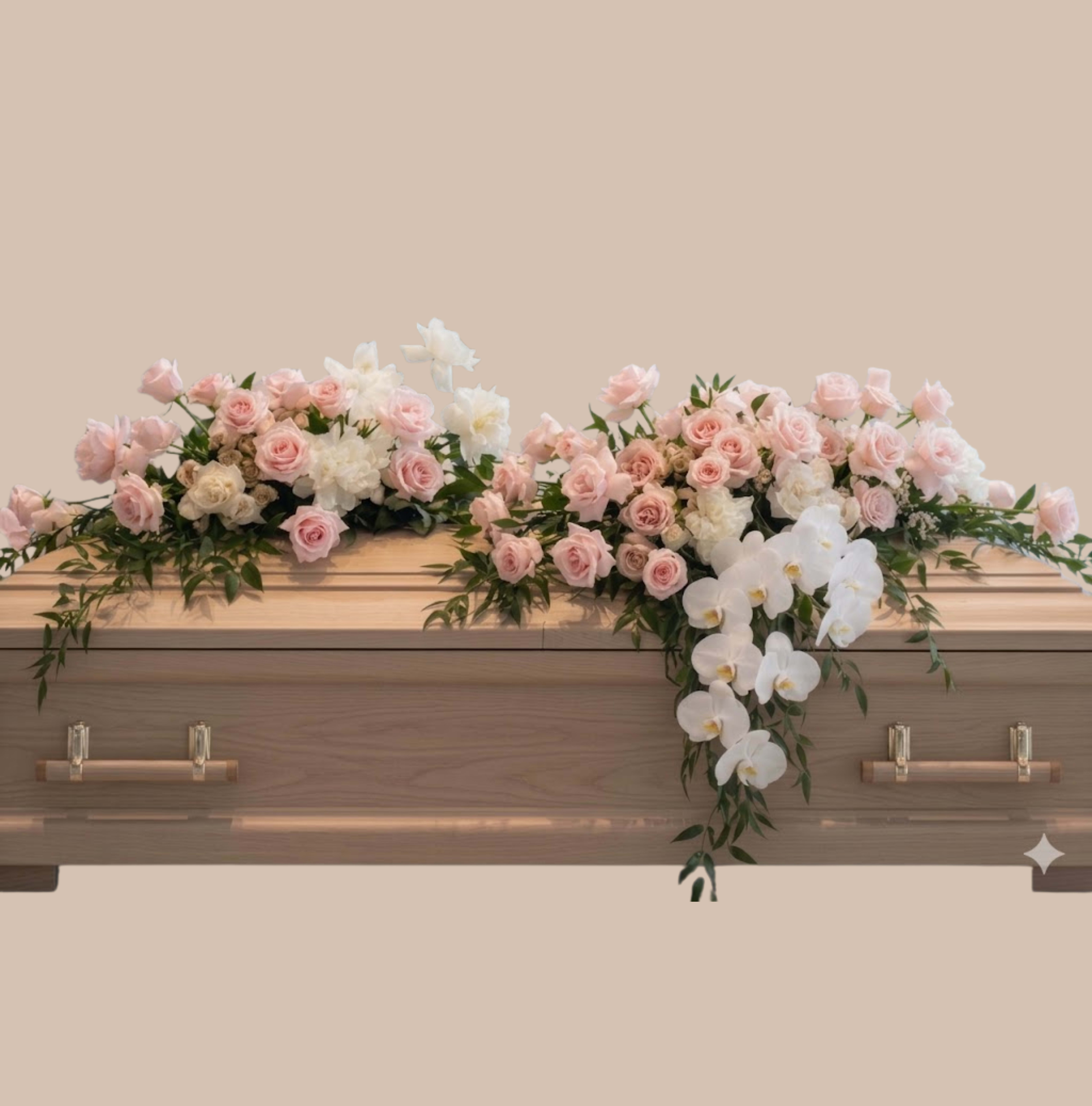 Blush Elegance Spray - A low, elongated sympathy spray designed to rest across a wooden casket, this arrangement speaks with gentle restraint-soft pink roses paired with white blooms form a dense, serene central cluster while white orchids cascade down one side to lend a graceful, flowing silhouette. Perfect for a funeral or memorial service, the Blush Elegance Spray conveys tenderness and respect, offering the person you're honoring a quietly beautiful farewell.  Carefully composed in a calming palette of pinks, whites and soft greenery, the spray combines roses, orchids and carnations to create texture and depth-velvety rose petals, delicate orchid stems, and the fuller shapes of carnations give the piece a rich, layered look without overpowering the setting. Sized and shaped to lie naturally across a wooden casket, it presents a formal yet tender presence that reads both comforting and dignified.  Choose this arrangement when you want the recipient's family to feel truly seen and supported during a solemn service; it sends a message of heartfelt sympathy and remembrance. For ordering and placement details, please indicate casket length and service timing so we can deliver and position the spray appropriately.
