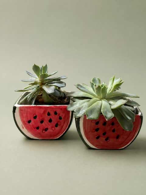 Two succulents in painted watermelon-shaped planters