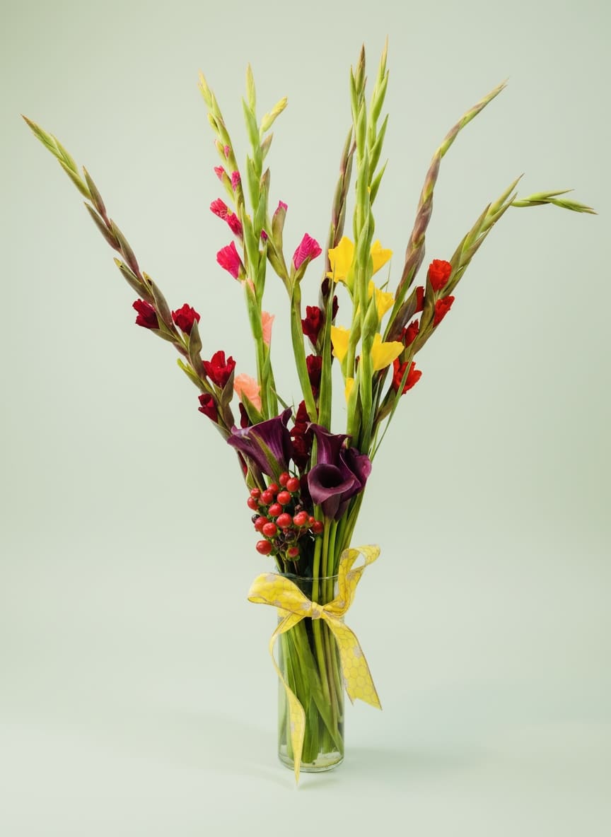 Tall mixed bouquet in a clear glass vase with a yellow ribbon