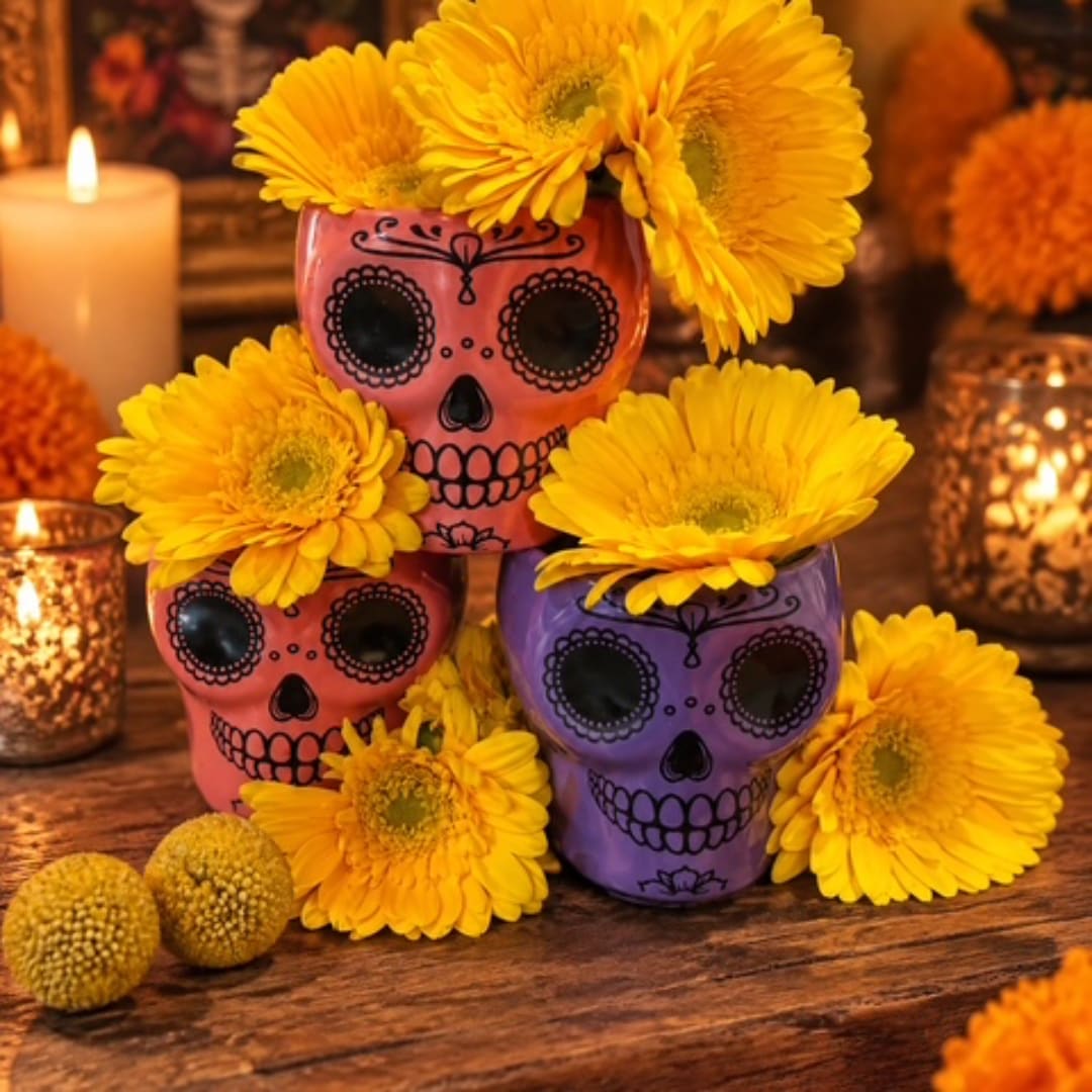 Sugar skull cups topped with yellow daisies on a wooden table