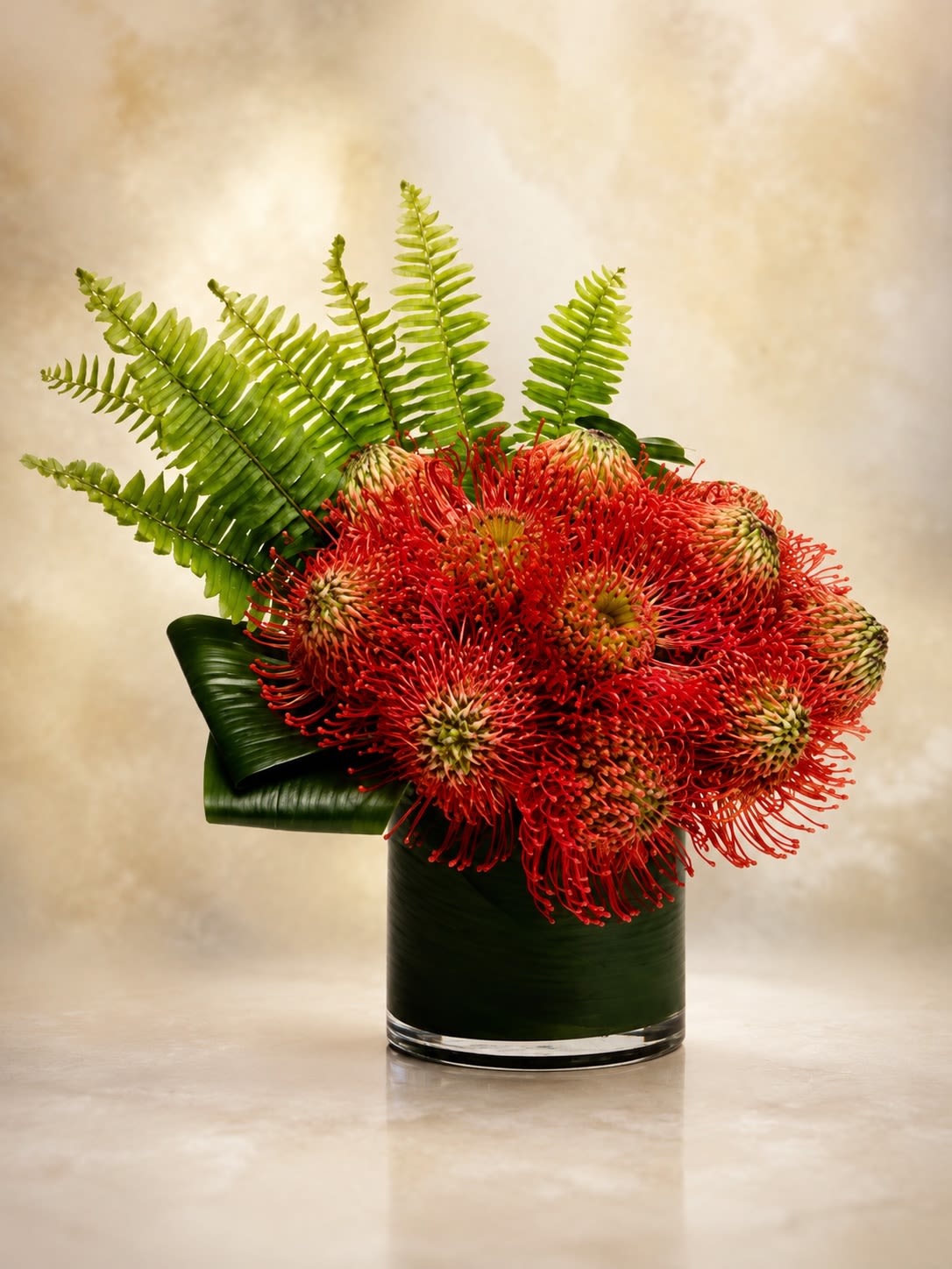 Fire Coral Pincushions - A striking tropical luxury arrangement featuring vibrant red pincushion protea designed with sculptural tropical foliage and fresh emerald ferns in a modern leaf-lined glass cylinder vase. Fire Coral Pincushions is created to showcase the dramatic texture and exotic beauty of one of the floral world’s most rare and eye-catching blooms. The vivid coral-red pincushion protea paired with rich tropical greenery creates an artistic contemporary design that feels bold, elevated, and unforgettable.  Designed using premium seasonal tropical blooms and lush foliage, this arrangement is perfect for luxury gifting, modern interiors, corporate spaces, birthdays, celebrations, or customers looking for something rare and fashion-forward. Due to the specialty nature of tropical flowers, certain blooms or greenery may occasionally be substituted with varieties of equal or greater value while preserving the arrangement’s exotic aesthetic, rich texture, and dramatic presentation. The leaf-lined cylinder vase and tropical foliage accents may also vary slightly based on availability, but the arrangement will always maintain its upscale contemporary style.