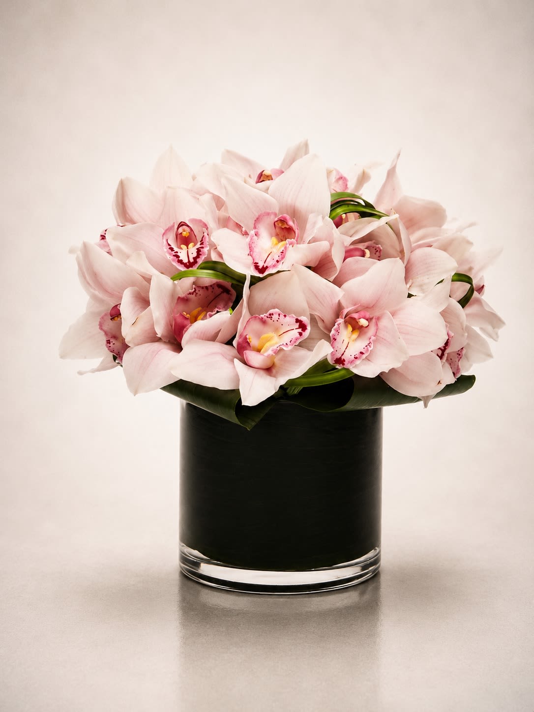 Blush Orchid Whisper - An exquisite luxury arrangement featuring soft blush cymbidium orchids elegantly gathered in a sleek modern leaf-lined glass vase. Blush Orchid Whisper is designed with graceful texture, delicate pastel tones, and timeless sophistication, creating a serene floral statement perfect for upscale gifting and refined interiors.  Featuring premium blush pink orchids with intricate magenta centers, this arrangement radiates elegance and tranquility while offering a contemporary minimalist aesthetic. Perfect for birthdays, anniversaries, sympathy gestures, thank-you gifts, spa settings, luxury home décor, or romantic occasions, this design brings effortless beauty and softness to any space.  Due to seasonal and market availability, orchid shades may vary slightly from pale blush to soft ivory-pink tones. Vase style and foliage accents may occasionally vary while maintaining the arrangement’s luxurious fullness, modern presentation, and delicate romantic palette.