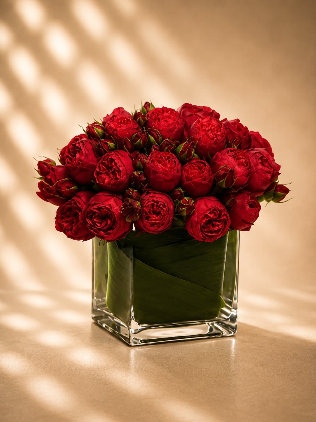 Crimson Velvet Romance - Dramatic, luxurious, and deeply romantic, Crimson Velvet Romance showcases an abundant collection of premium garden-style red roses arranged in a modern leaf-lined glass cube for an unforgettable statement of elegance and passion.  The rich crimson blooms symbolize deep love, desire, devotion, and timeless romance, while the layered petal texture creates a lush couture-inspired appearance reminiscent of classic European floral design.  This arrangement is designed to feel bold yet refined — perfect for anniversaries, Valentine’s Day, romantic surprises, luxury gifting, proposals, or upscale celebrations where elegance and emotion take center stage.  Its compact modern silhouette paired with the velvety richness of the roses creates a sophisticated high-end look that feels both contemporary and timeless.