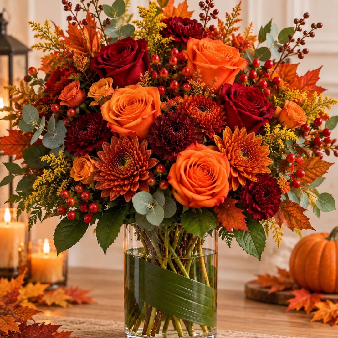 Autumn bouquet of orange and red roses in a clear glass vase