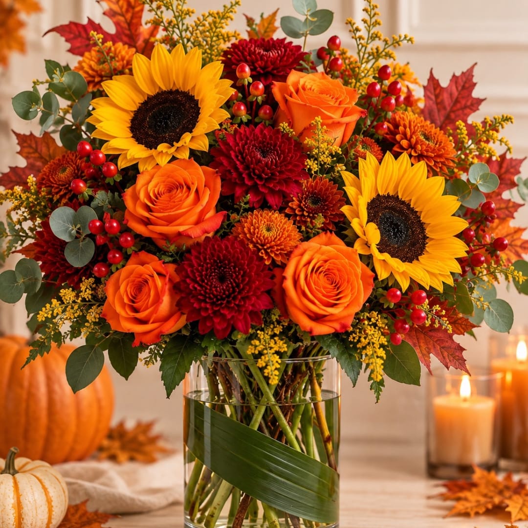Autumn bouquet with sunflowers, orange roses, and red mums in a glass vase.
