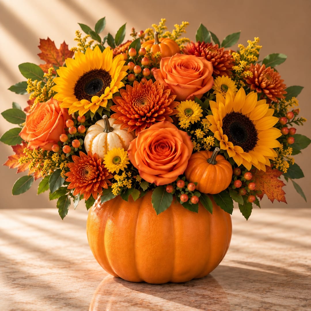 Autumn bouquet with sunflowers, orange roses, and pumpkins in a pumpkin vase.