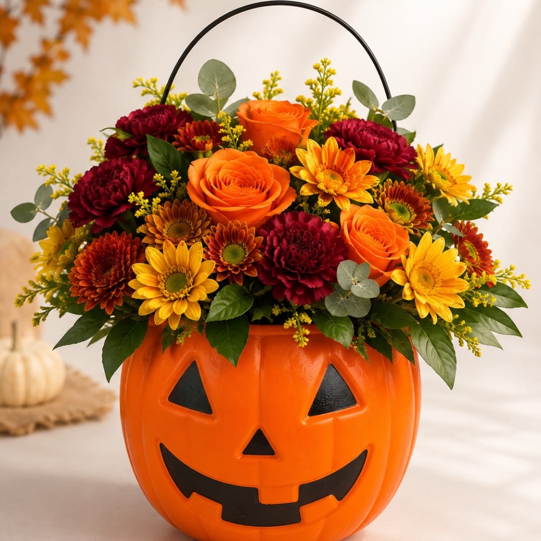 Halloween pumpkin container filled with orange and yellow flowers