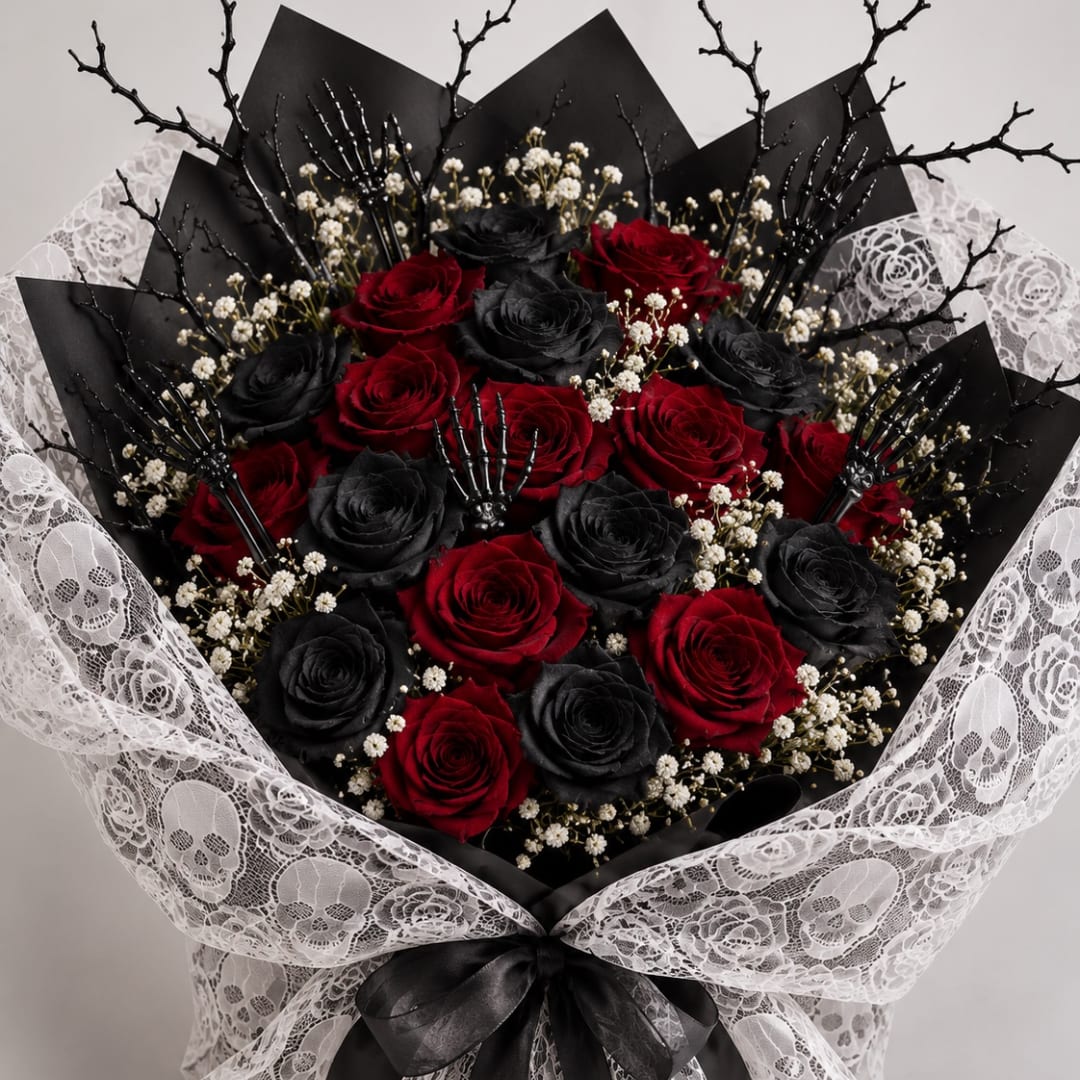 Bouquet of red and black roses wrapped in white lace with a black ribbon.