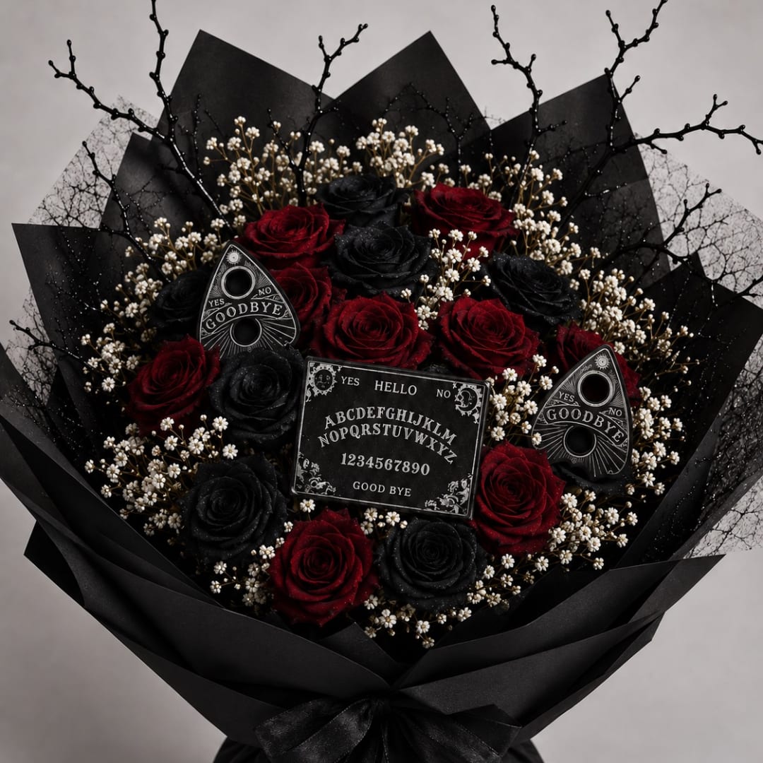 Bouquet of red and black roses with small white filler flowers in black wrap