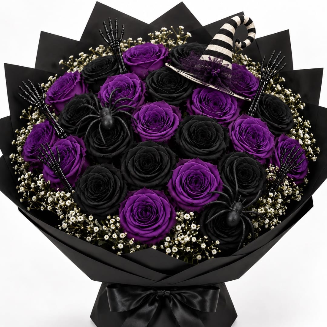 Black and purple rose bouquet with Halloween decorations and a striped witch hat