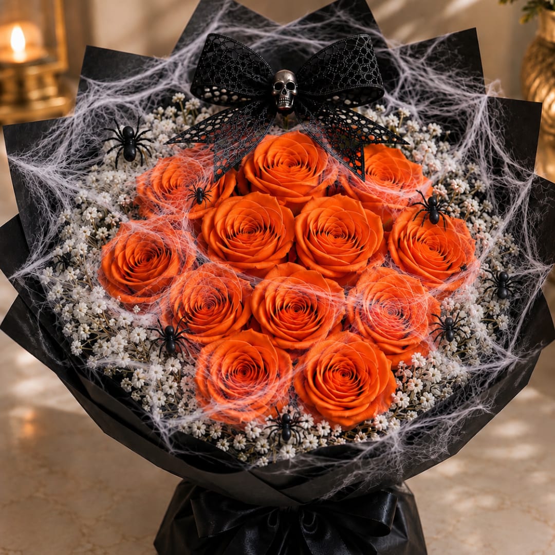 Orange roses wrapped in black paper with spiderweb and skull decorations
