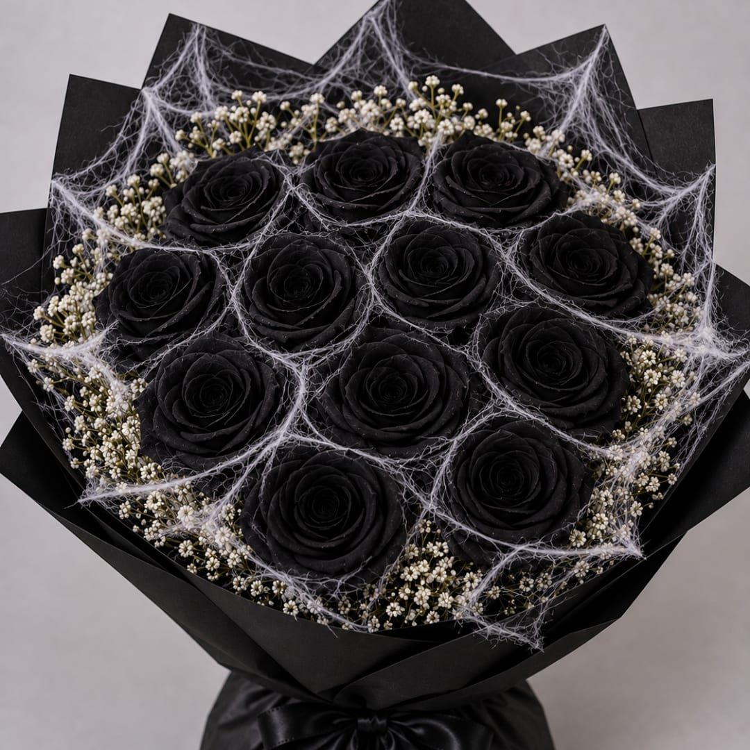 Bouquet of black roses with small white filler flowers in black wrap