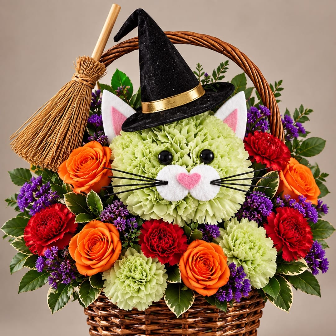 Basket arrangement with flowers styled as a cat wearing a witch hat