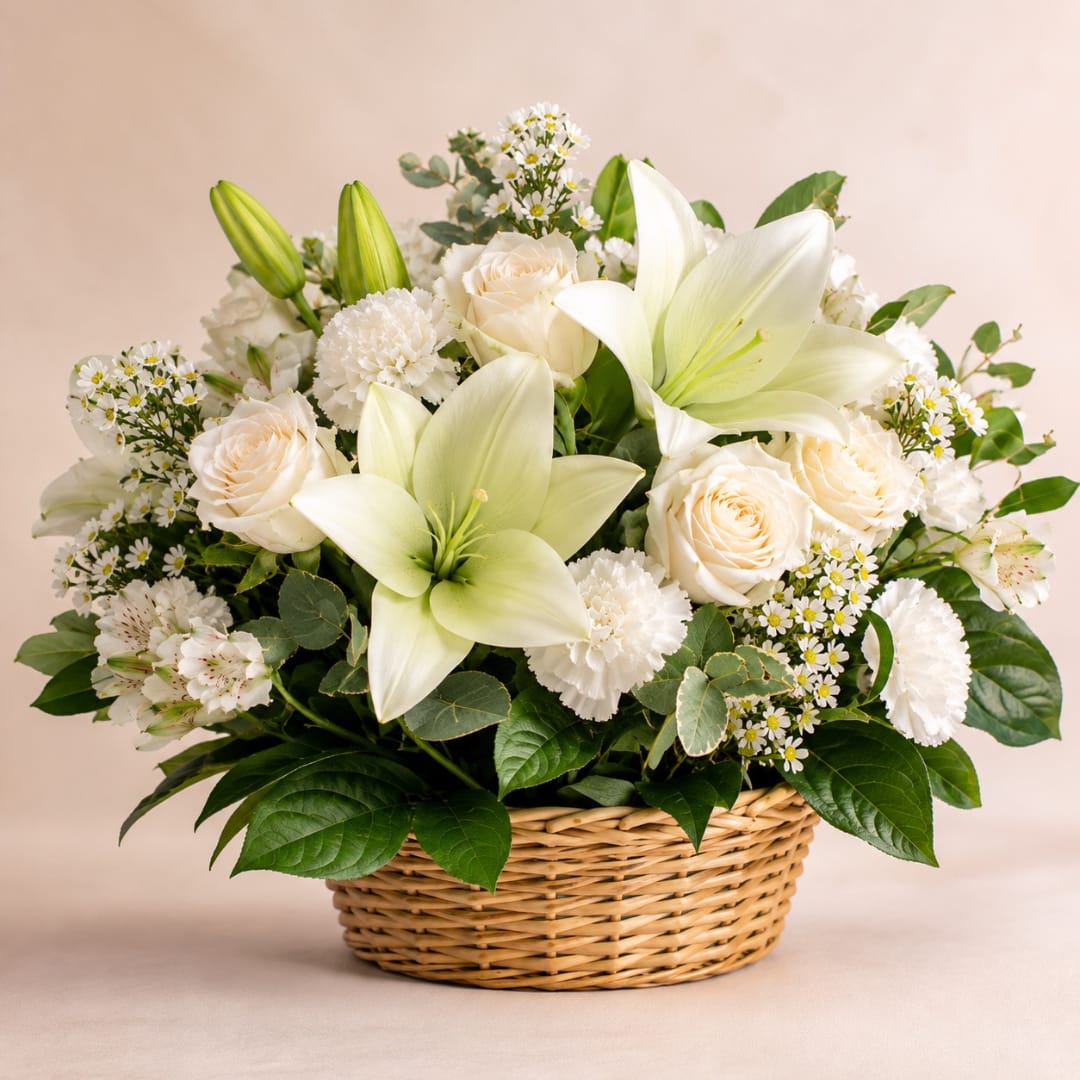White lilies and roses arranged in a wicker basket