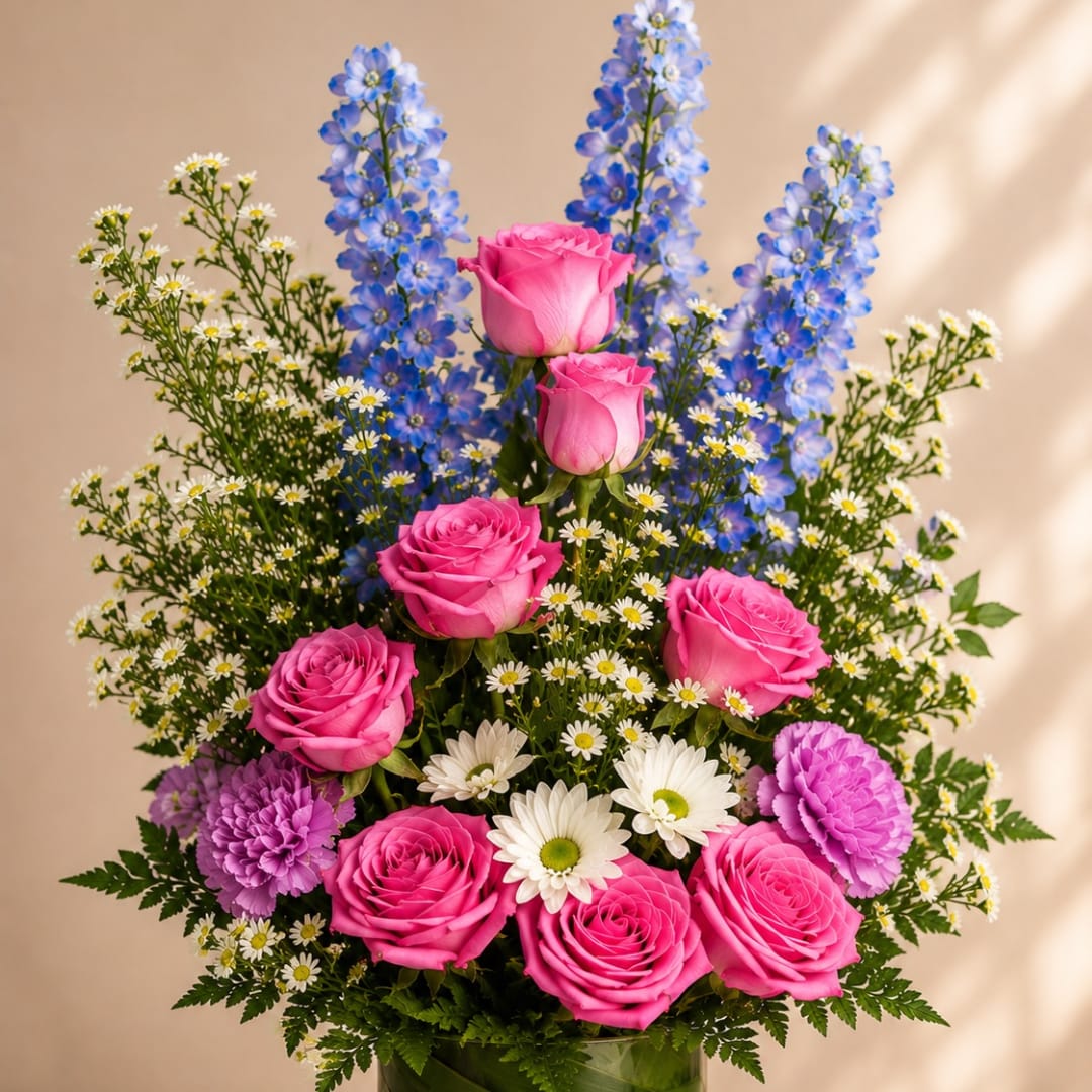 Bouquet of pink roses, blue delphinium, and white daisies in a vase