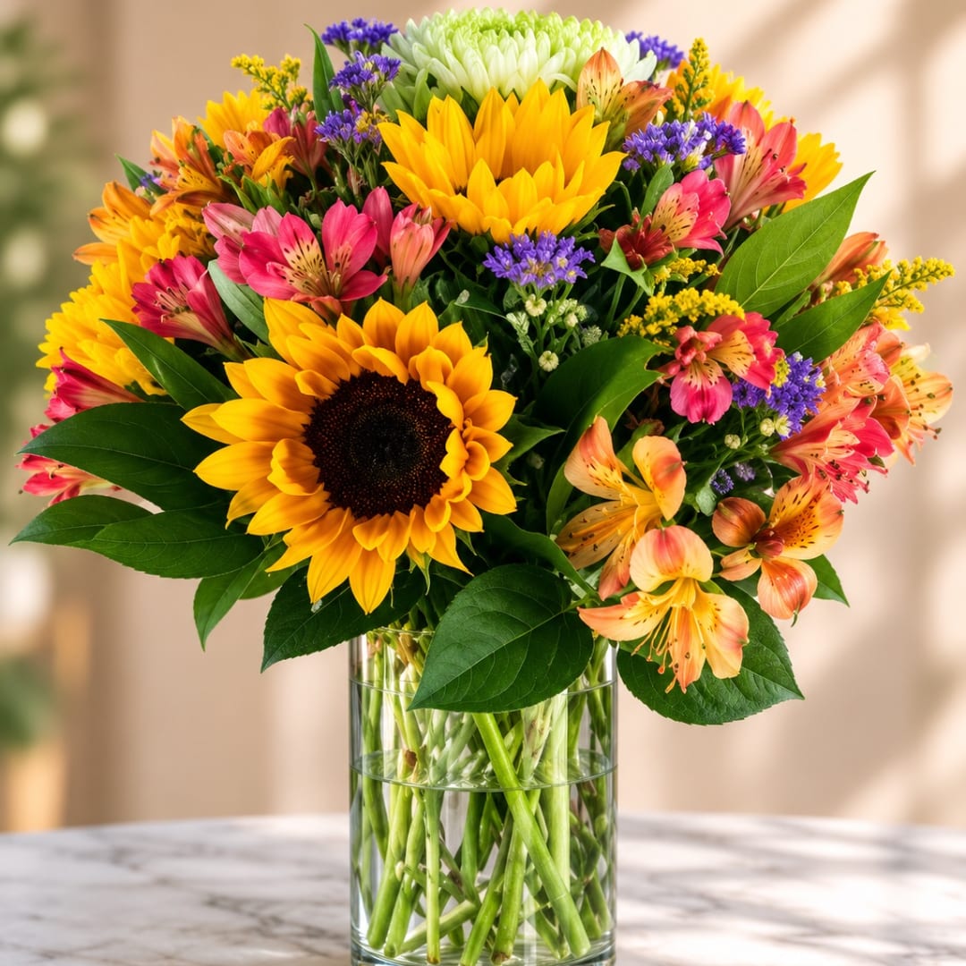 Bouquet of sunflowers, alstroemeria, and purple filler in a glass vase