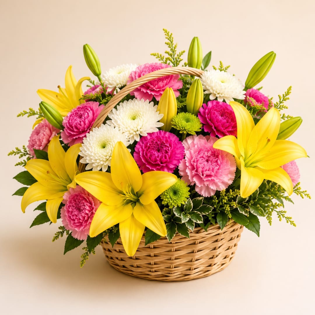 Basket arrangement of yellow lilies and pink and white carnations