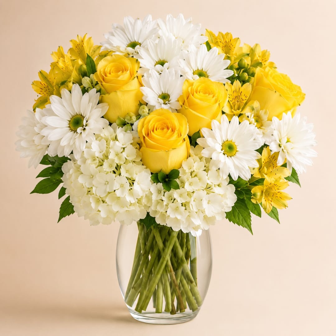 Yellow roses and white daisies in a clear glass vase