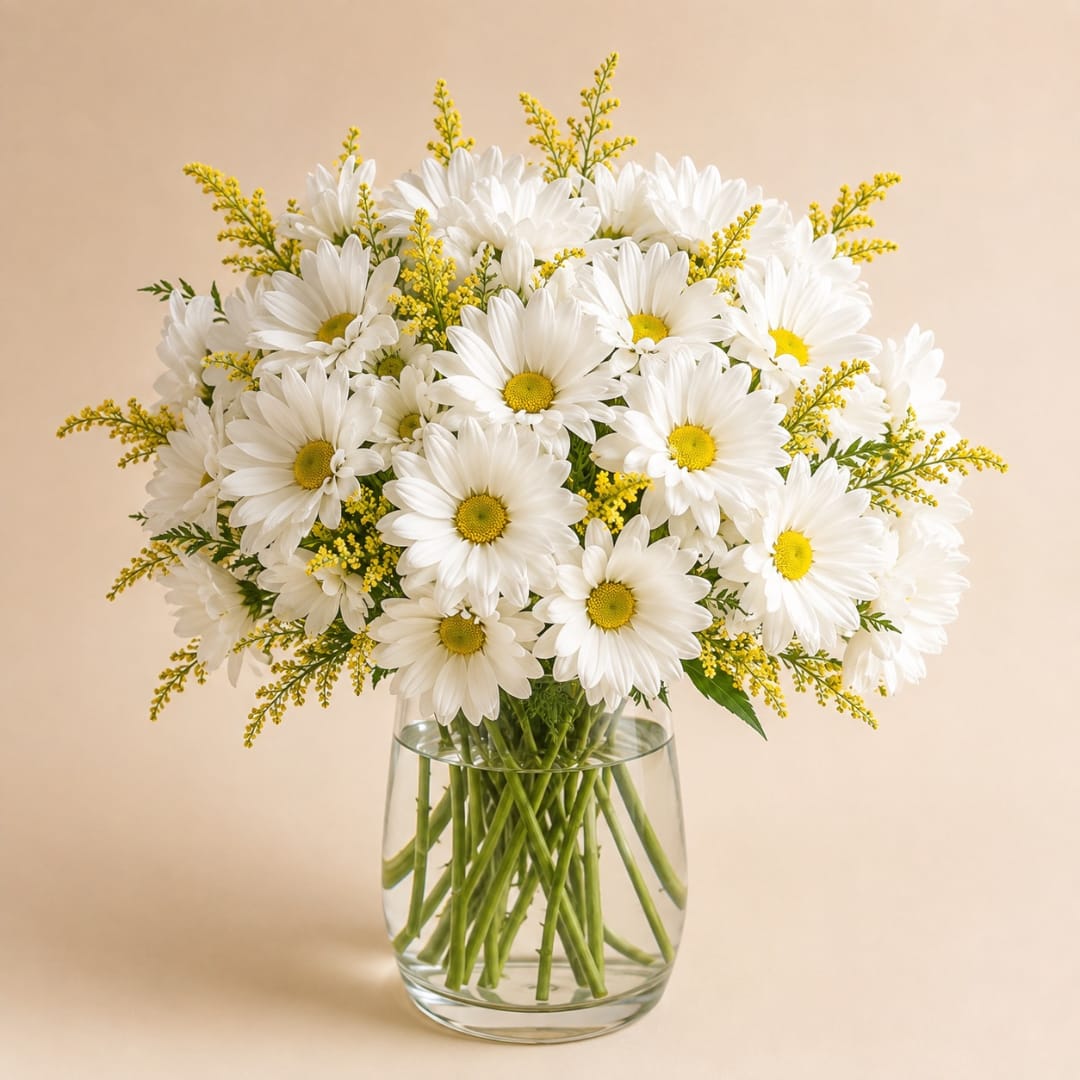 White daisies in a clear glass vase with yellow filler flowers