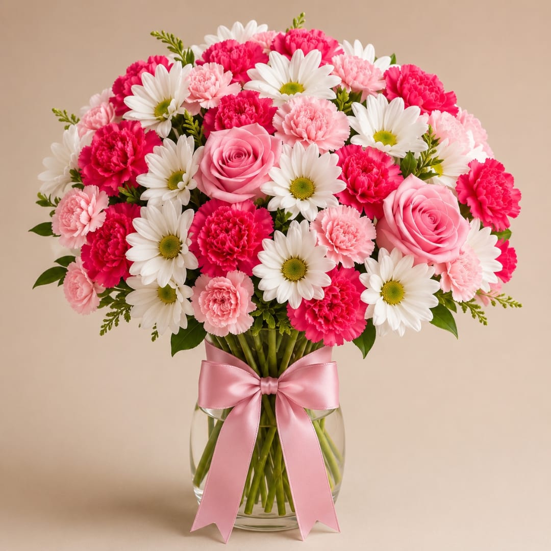 Pink and white bouquet of roses, carnations, and daisies in a glass vase with a pink ribbon